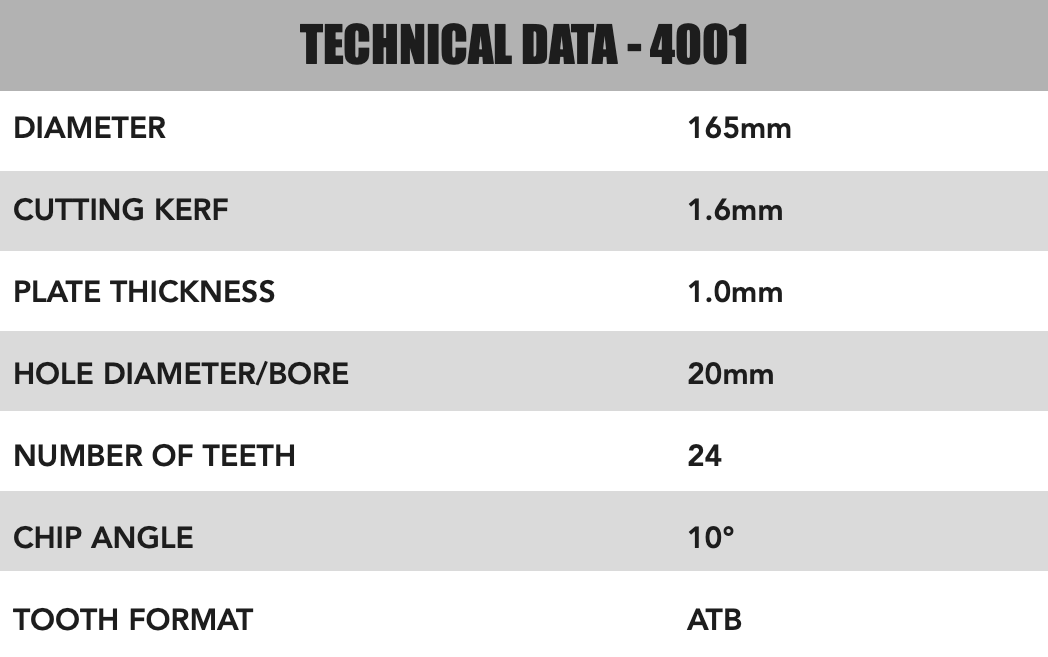 165mm x 20mm x 1.6mm 24 Tooth Track/Circular Saw Blade - 4001