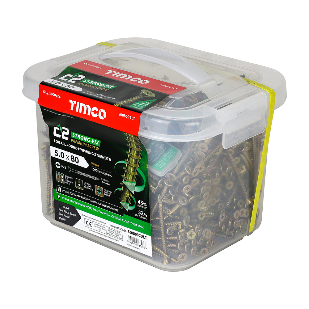 C2 Strong-Fix PZ Double Countersunk Twin-Cut Woodscrews - 5.0 x 80 – Yellow - 1000 Piece