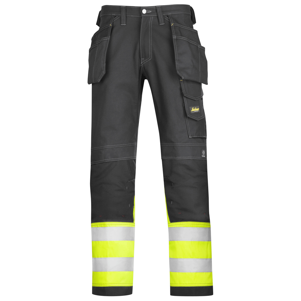 Snickers 3235 High-Vis Holster Pocket Cotton Trousers, Black/Hi-Vis Yellow Waist 28" Leg 32"