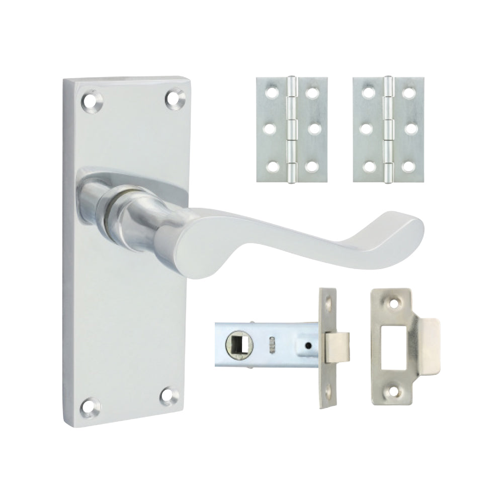 Victorian Scroll Latch Door Pack – Satin Chrome (Door Handle / Hinges / Latch)