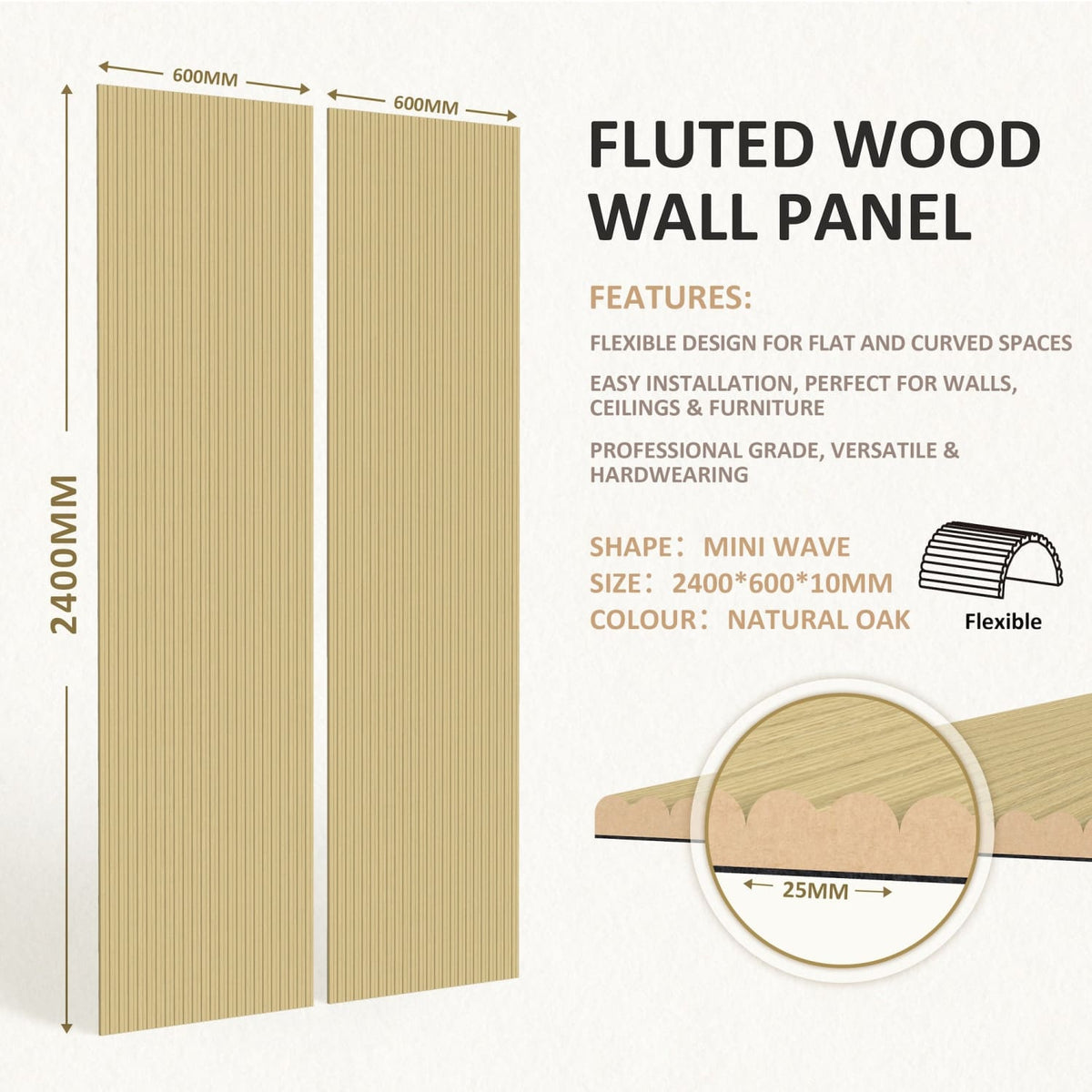 Small Fluted Wall Panels in Natural Oak - 240cm x 60cm