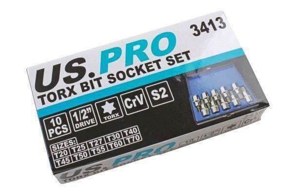 US PRO Tools 10PC 1/2” Dr Torx Bit Socket Set T20 - T70 3413