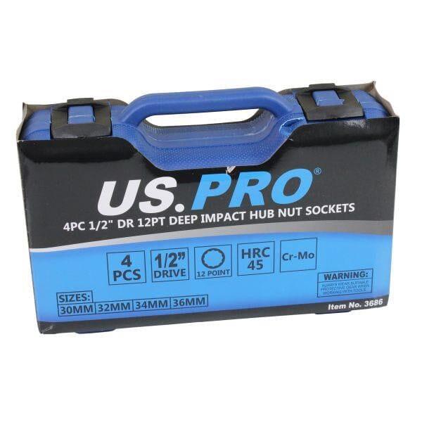 US PRO Tools 4pc 1/2" Dr 12pt Deep Impact Hub Nut Sockets 30 32 34 36mm 3686