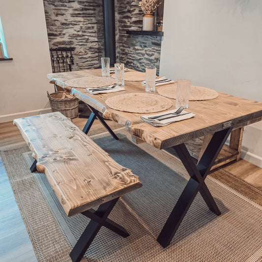 Live / Waney Edge Dining Table With X Cross Metal Legs