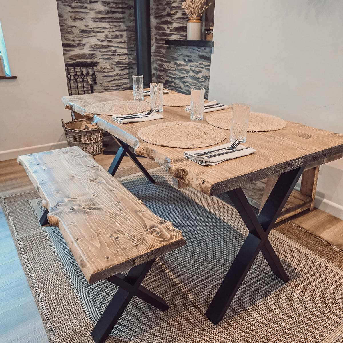 Bench For Dining Table Live / Waney Edge With Metal X Legs