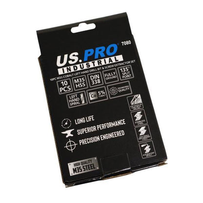 US PRO INDUSTRIAL 10PC M35 Cobalt Left Hand Drill Bit & Screw Extractor Set - Easy Out - 7080