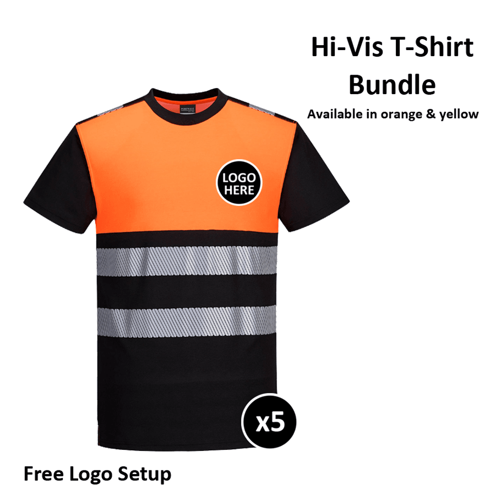 PORTWEST PW311 PW3 HI-VIS COTTON COMFORT T-SHIRTS BUNDLE Inc Logo - 5 ITEMS