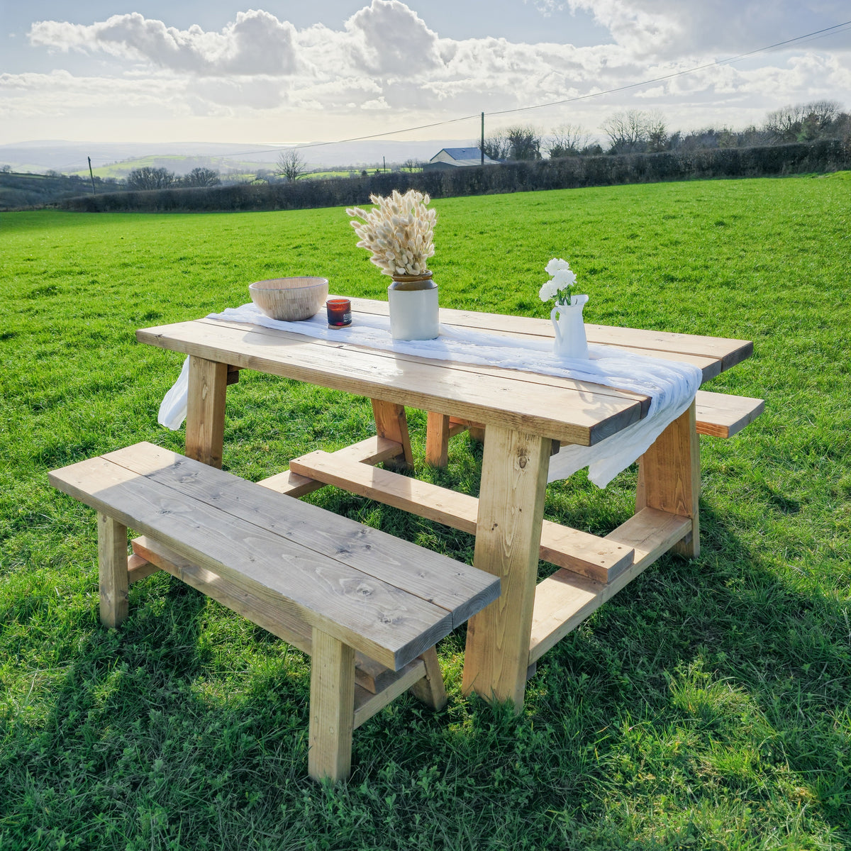 Farmhouse Outdoor Table With Timber Legs and Bench