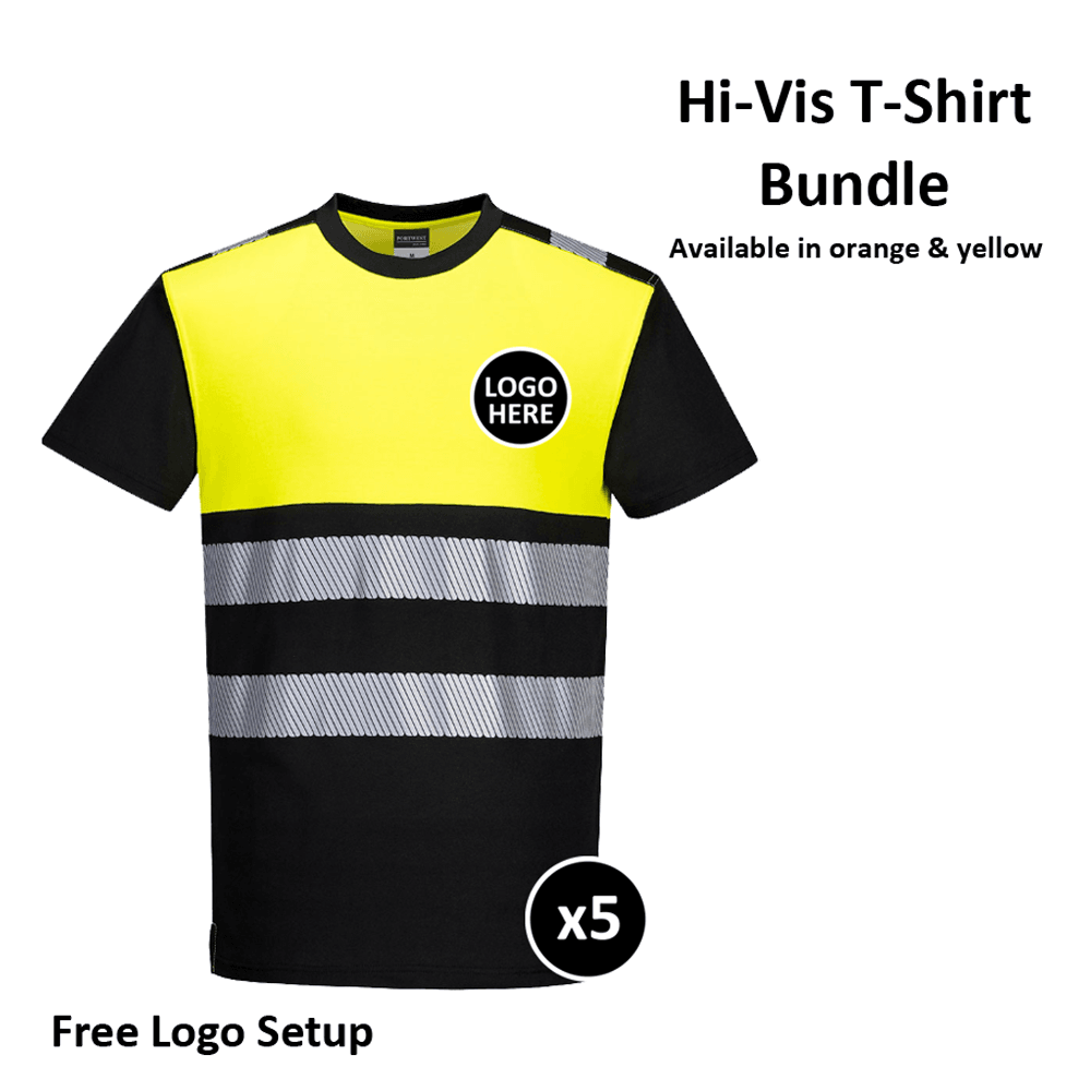 PORTWEST PW311 PW3 HI-VIS COTTON COMFORT T-SHIRTS BUNDLE Inc Logo - 5 ITEMS