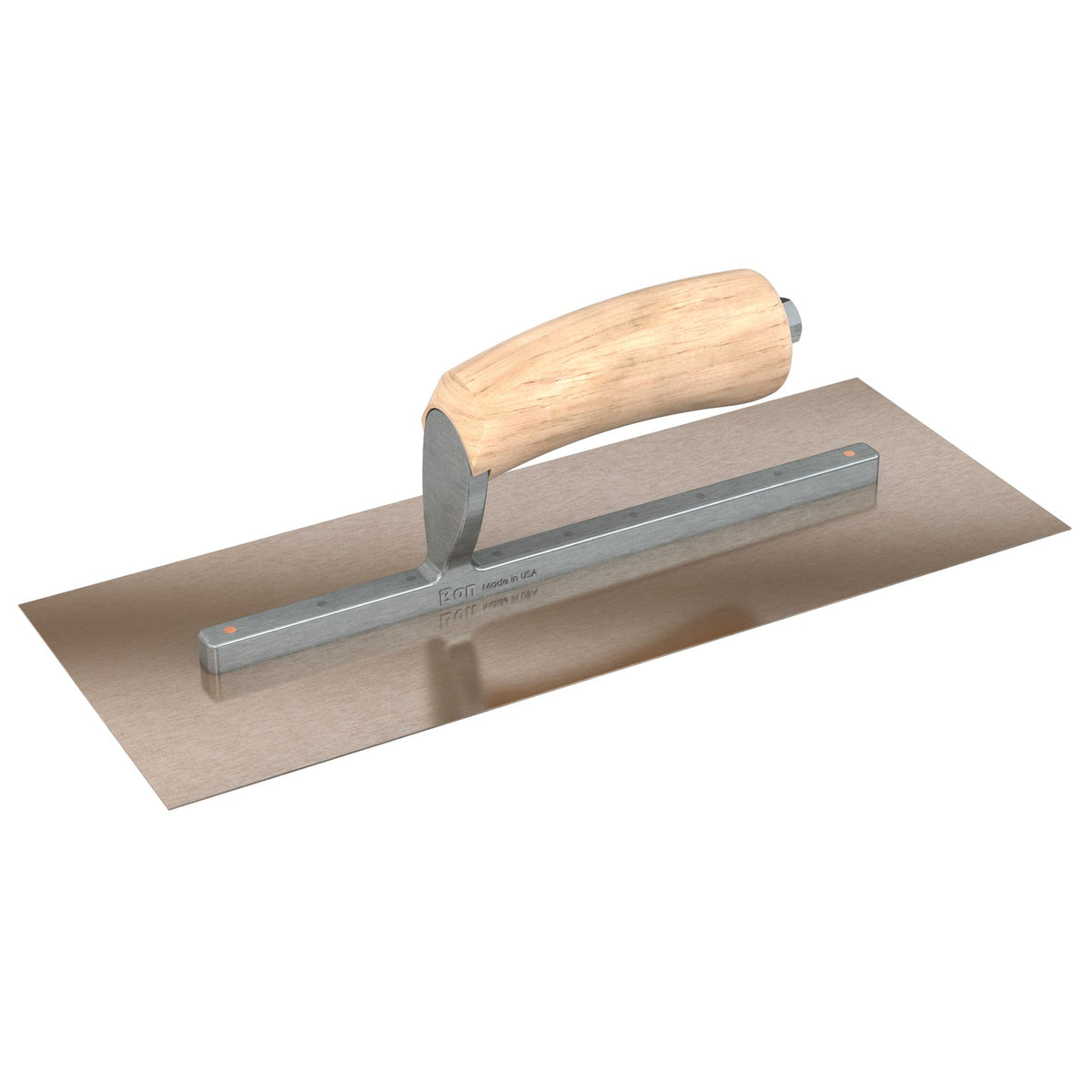 Bon Tool Golden Stainless Steel Square End Finish Trowel - Long Shank - Camel Back Wood Handle
