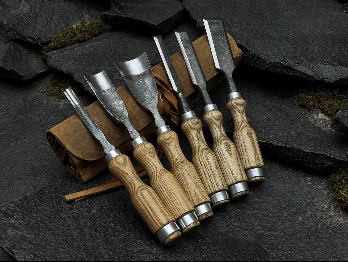 Hand-Forged 52100 Steel Chisel Set | Wood Carving Gouges & Leather Roll