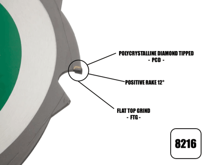 216mm x 30mm x 2.4mm 8 Tooth PCD Cement Fibre Board Blade 8216