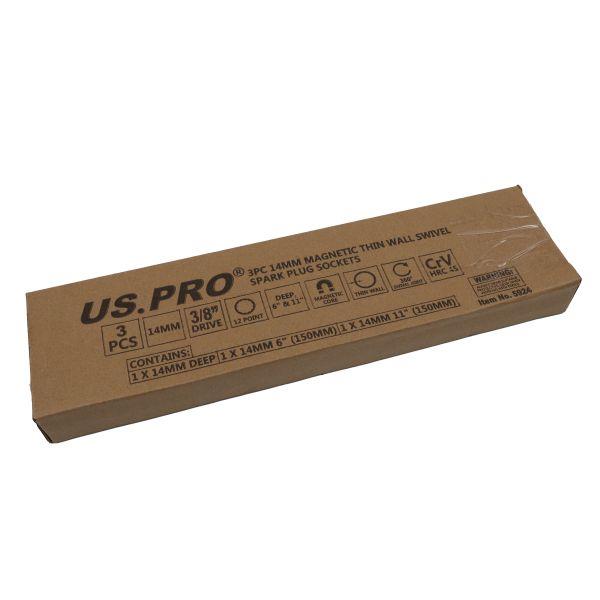US PRO Tools 3pc 14mm Magnetic Thin Wall Swivel Spark Plug Sockets 3/8" Dr 5924