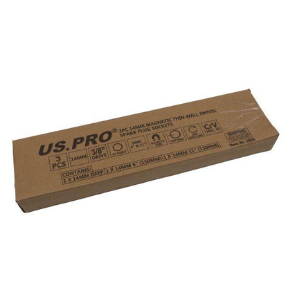 US PRO Tools 3pc 14mm Magnetic Thin Wall Swivel Spark Plug Sockets 3/8" Dr 5924