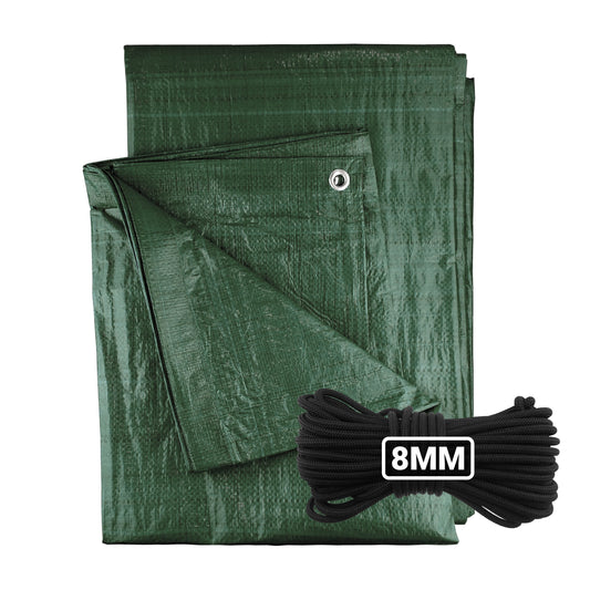 Green M-Grade Tarpaulin with 10 Metres of 8mm Bungee Rope