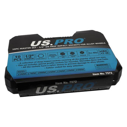 US PRO Tools 10PC Master Set - 1/2" DR Deep Impact Sockets For Alloy Wheels 7572