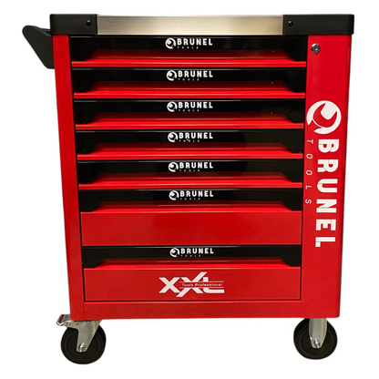 BRUNEL Tool 7 Drawer Caster Mounted Roller Tool Chest Cabinet with 6 Fully Stocked Drawers - 249 Pieces - Red