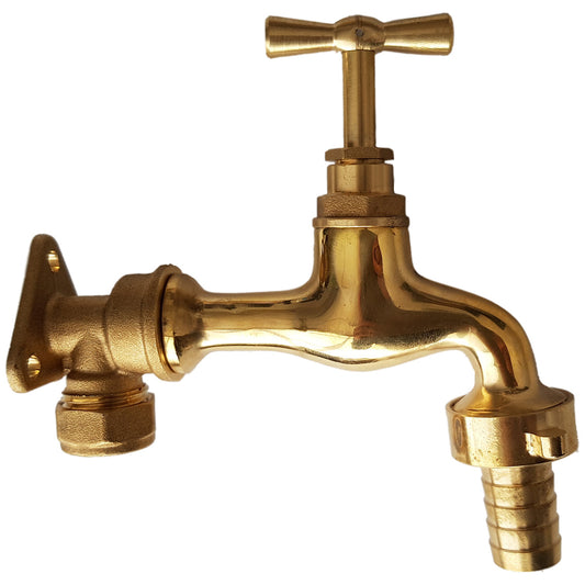 15mm Brass Wall Flange Kit with 15mm Barbed Polished Brass Tap