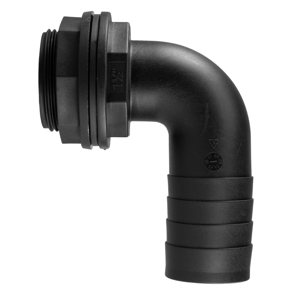 Tank Connector 90 Degree With Washer & Nut 1.5"BSPM - 1.5" Barb