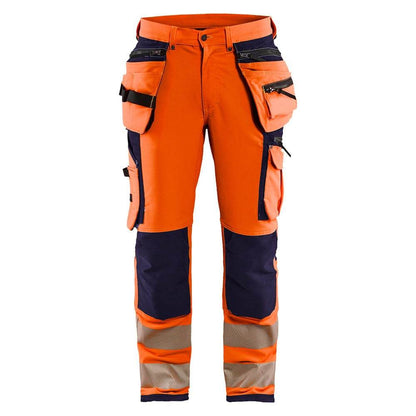 Blaklader 1997 Hi-Vis 4-Way Stretch Holster Pocket Kneepad Work Trousers Orange/Navy Blue, 34" Waist Long Leg