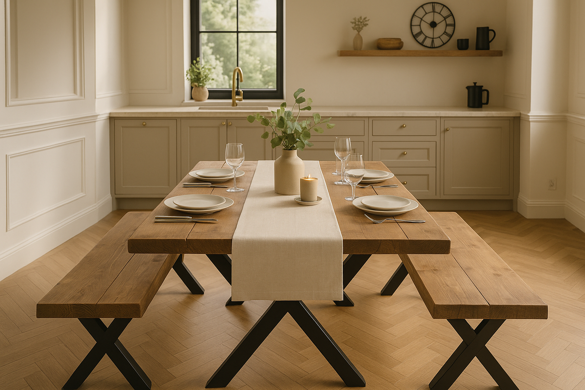 Farmhouse Dining Table With Bench and Black Metal Cross Legs
