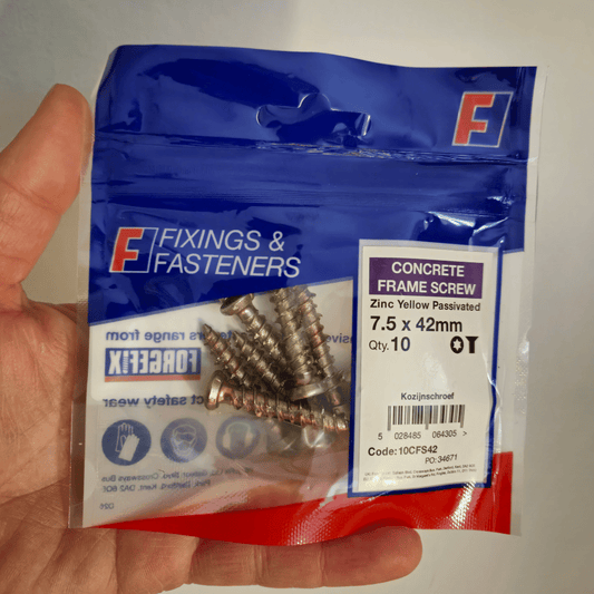Concrete Frame Screws 7.5x42mm | 10 Pack | Self-Tapping Masonry Fixings - Zinc Yellow Passivated