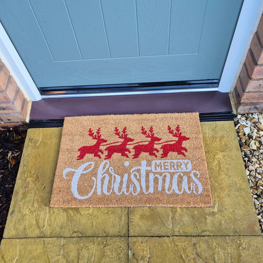 Doormat 60cm x 40cm - 'Merry Christmas' (Red/Silver)