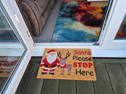 Doormat 60cm x 40cm - 'Santa Please Stop Here' - Absorbent Coir Mat for Indoor/Outdoor