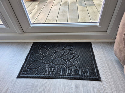 Rubber Doormat 60cm x 40cm - 'Welcome' (Flower) - Absorbent Coir Mat for Indoor/Outdoor