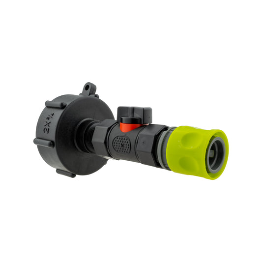 IBC 2” S60X6 Cap with In-Line BSPF Valve and ¾” BSPM Female Hose Connector Lime