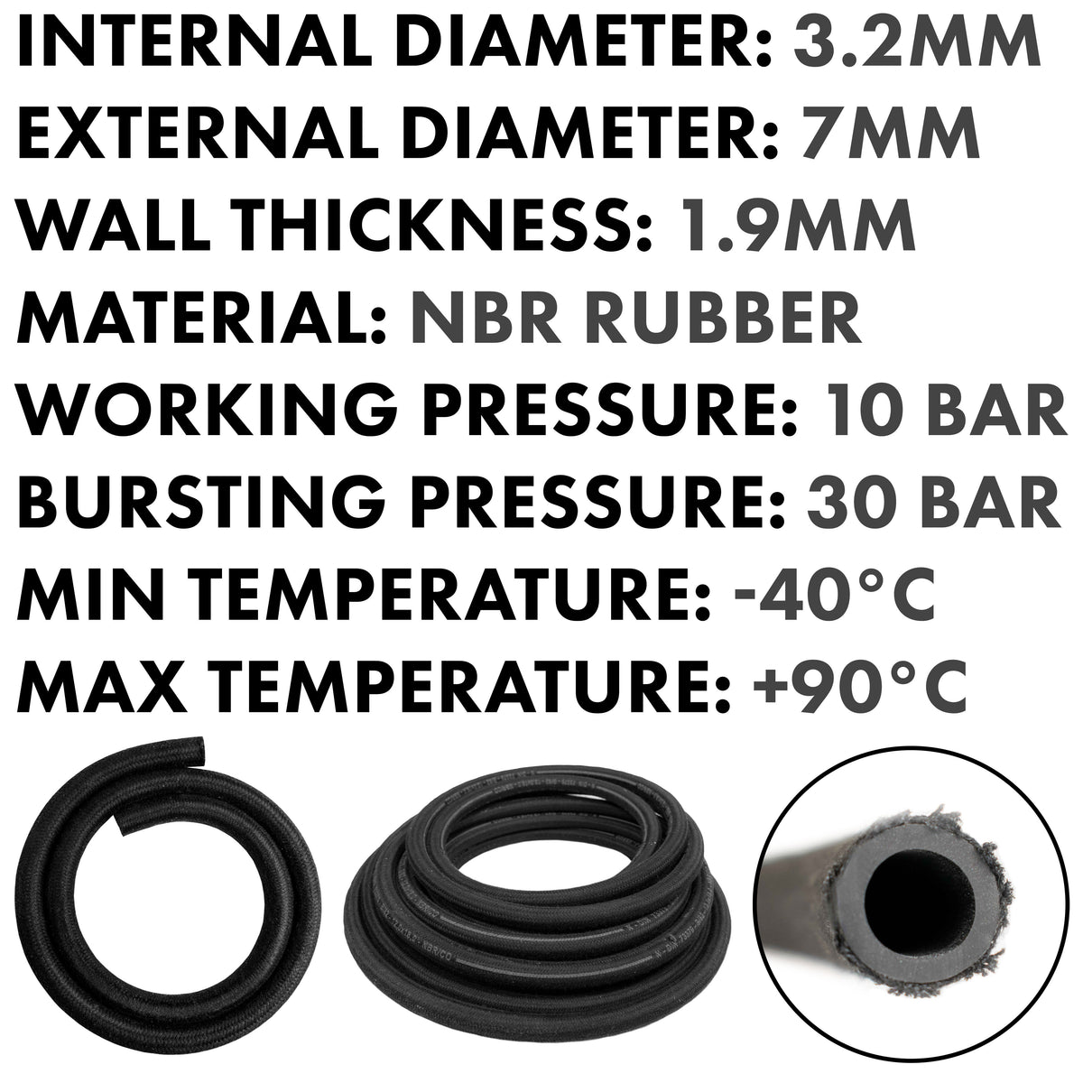 Rubber Reinforced with a Heat Resistant Textile Braid 3.2mm/7mm