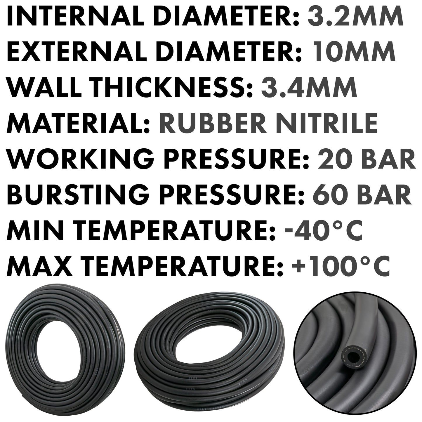 Rubber 3.2mm Braided Fuel, Oil Hose SAE J30 R6
