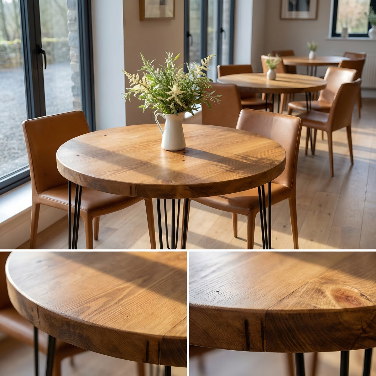 TIVIA Rustic Chunky Wooden Round Dining Table With Hairpin Legs