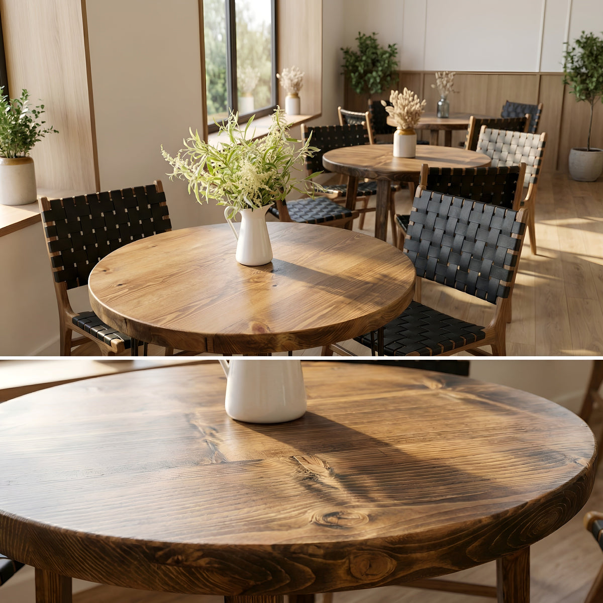 TIVIA Rustic Chunky Wooden Round Dining Table With Hairpin Legs