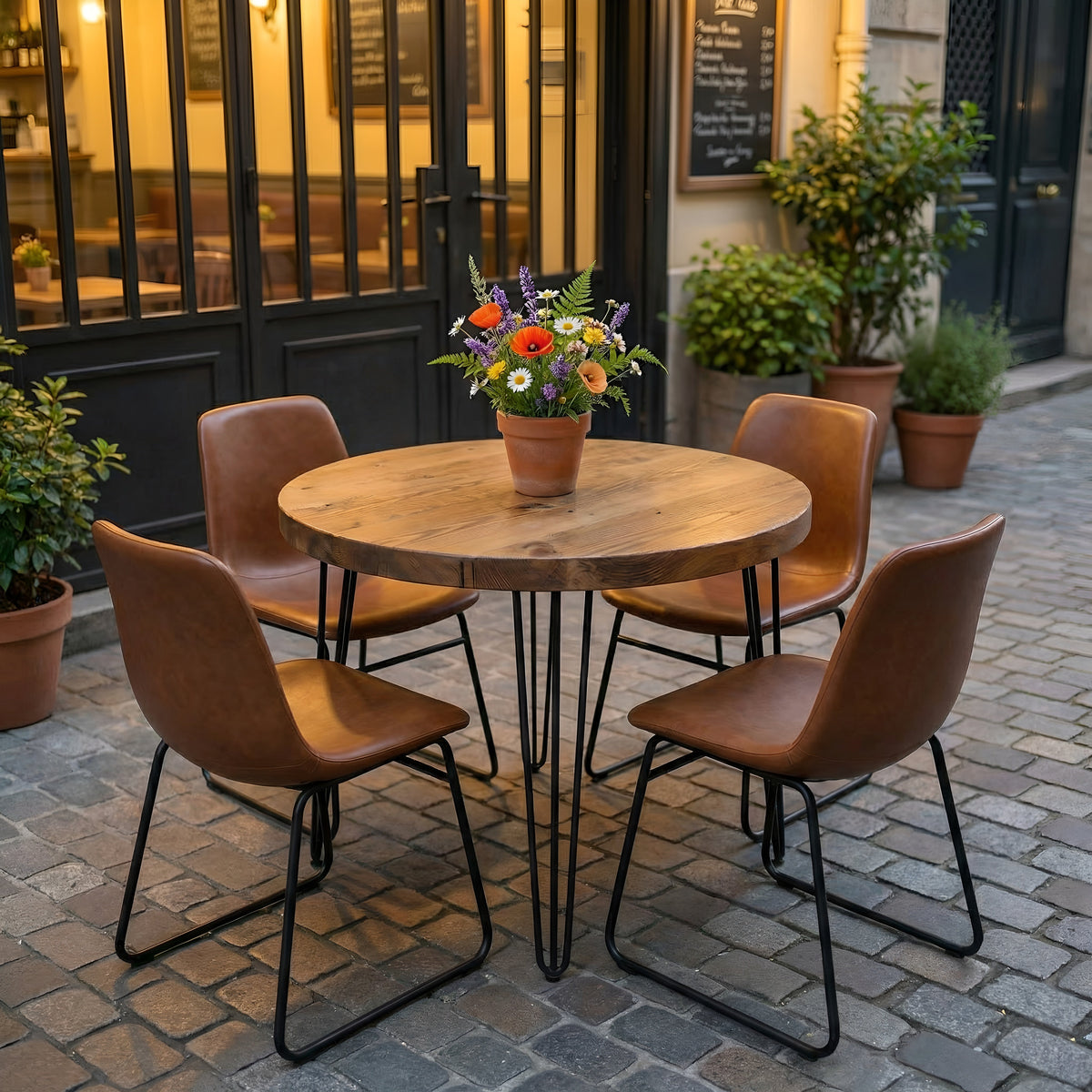 TIVIA Rustic Chunky Wooden Round Dining Table With Hairpin Legs
