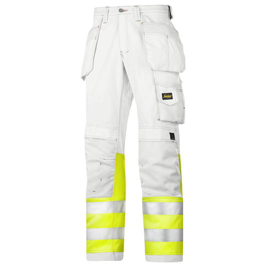 Snickers 3234 Painter’s Hi-Vis Trousers, Class 1 - White/Yellow, Waist 28" - Leg 32" - Snickers Size: 42