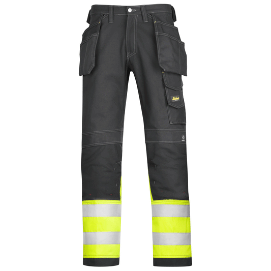 Snickers 3235 High-Vis Holster Pocket Cotton Trousers, Black/Hi-Vis Yellow Waist 28" Leg 32"