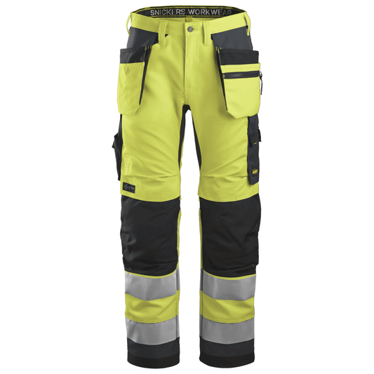 Snickers 6230 AllroundWork, Hi-Vis Trousers Holster Pockets+ CL2 Hi-Vis Yellow / Steel Grey / 33" Waist - 35" Leg - Snickers Size 148