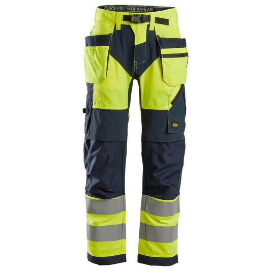 Snickers 6932 FlexiWork Hi-Vis Work Trousers Holster Pockets CL2 Yellow 36" Waist - 37" Leg - Snickers Size 252