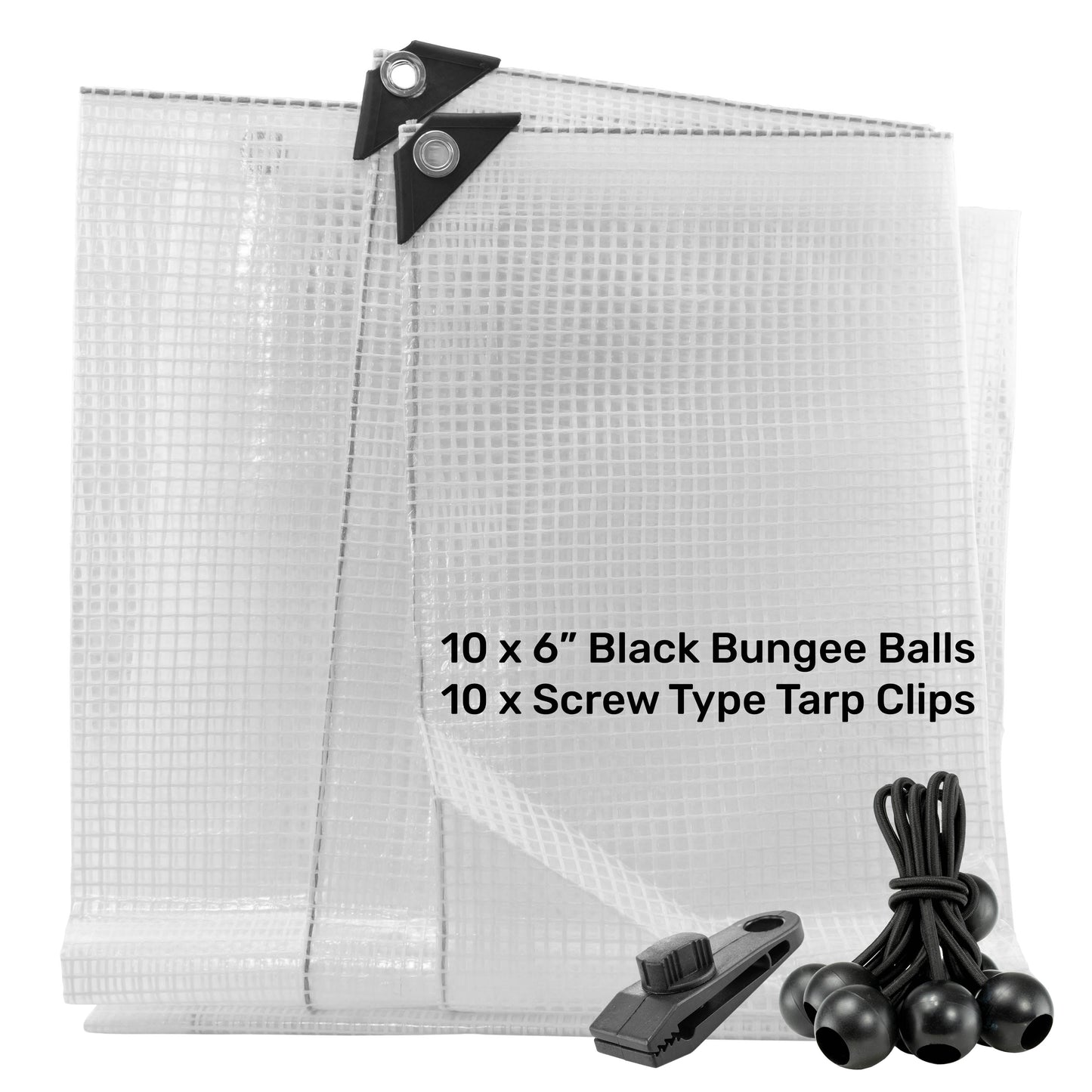 Clear M-Grade Tarpaulin with 10 x 6" Bungee Balls (Black) and 10 x Screw Type Tarp Clips