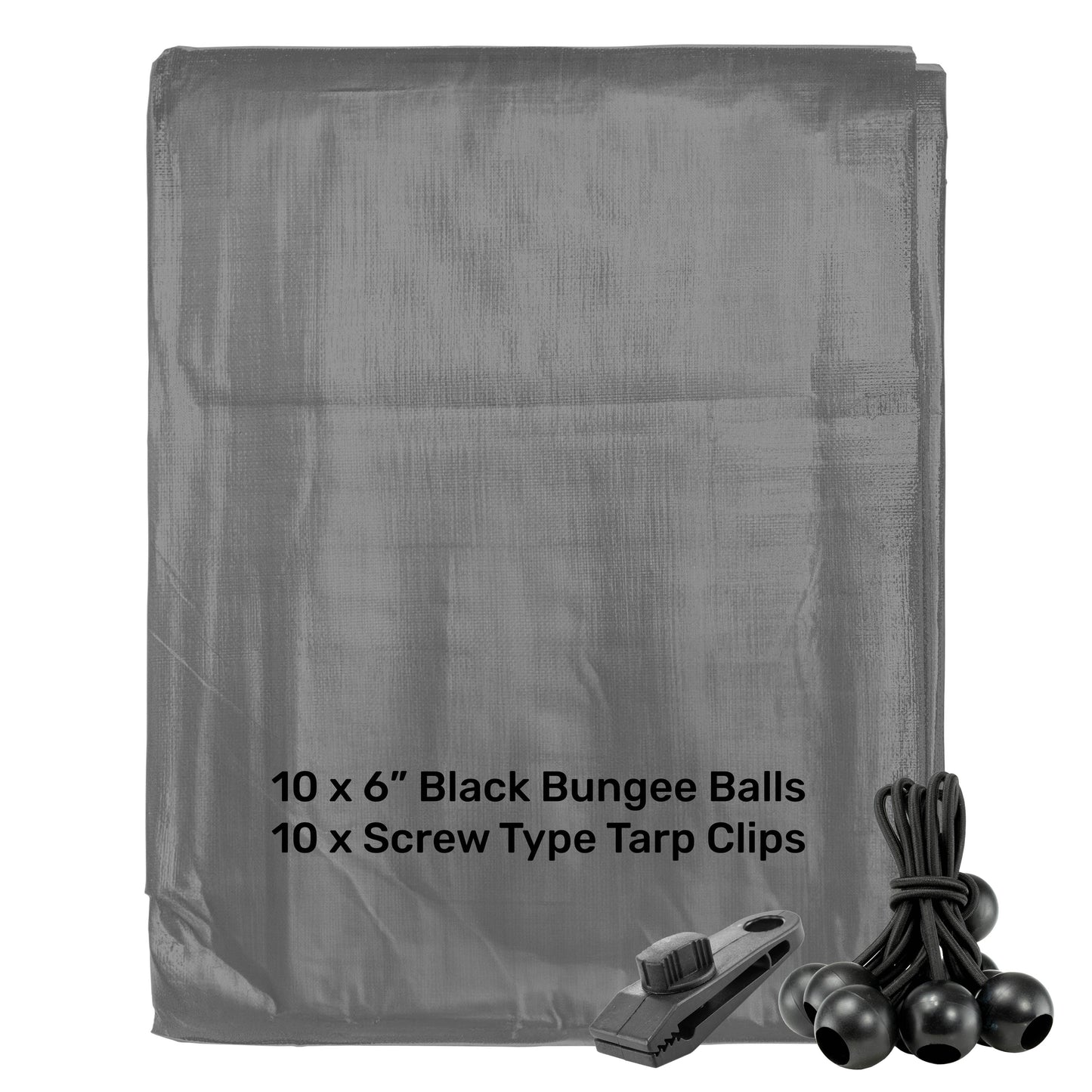 Grey L-Grade Tarpaulin with 10 x 6" Bungee Balls (Black) and 10 x Screw Type Tarp Clips