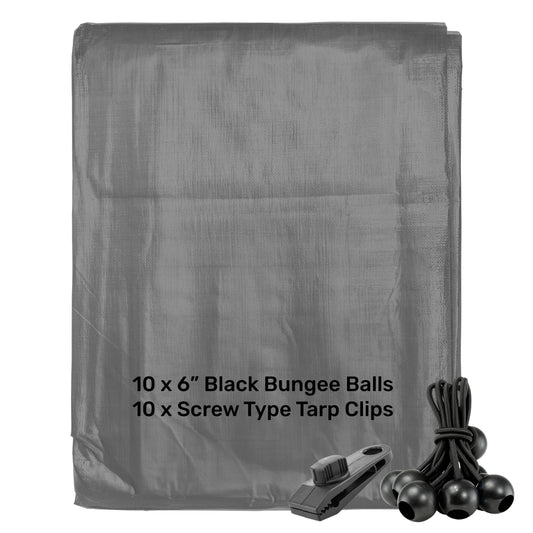Grey L-Grade Tarpaulin with 10 x 6" Bungee Balls (Black) and 10 x Screw Type Tarp Clips
