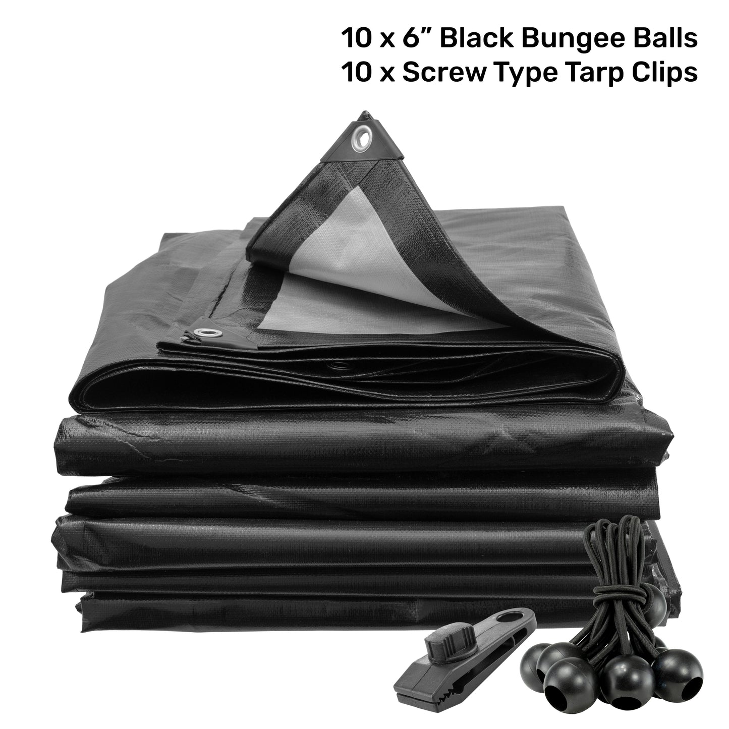 Black/Silver L-Grade Tarpaulin with 10 x 6" Bungee Balls (Black) and 10 x Screw Type Tarp Clips