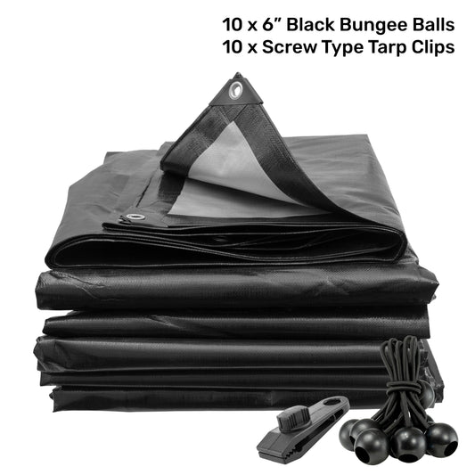 Black/Silver L-Grade Tarpaulin with 10 x 6" Bungee Balls (Black) and 10 x Screw Type Tarp Clips