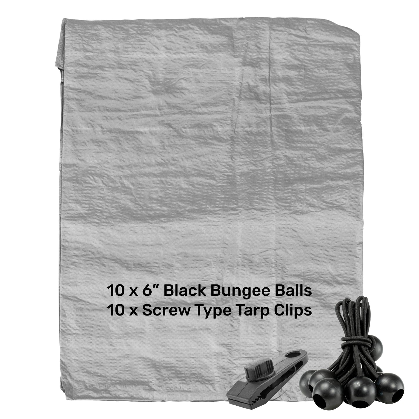 Grey S-Grade Tarpaulin with 10 x 6" Bungee Balls (Black) and 10 x Screw Type Tarp Clips