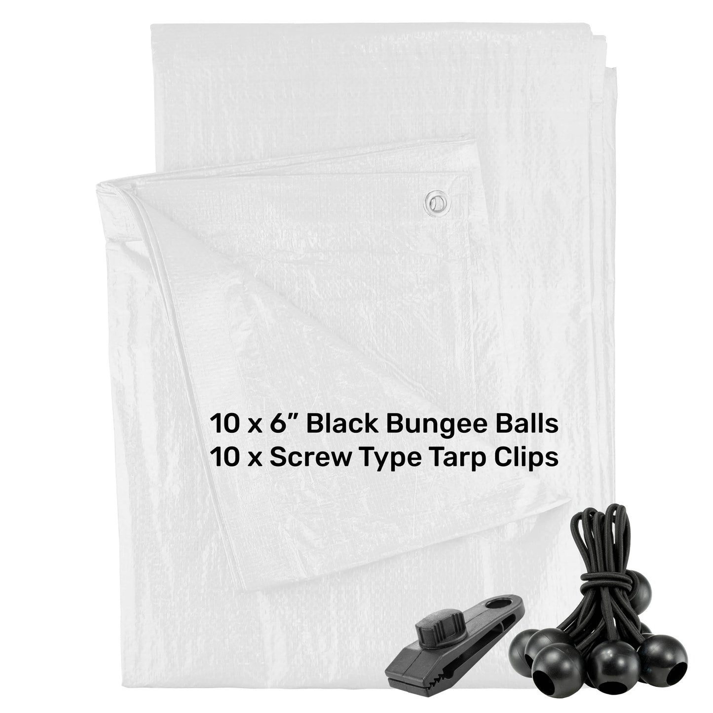 White M-Grade Tarpaulin with 10 x 6" Bungee Balls (Black) and 10 x Screw Type Tarp Clips