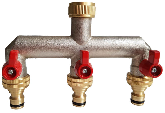 Three Way Tap Splitter Brass 3/4" BSP with Quick Connect Outlets