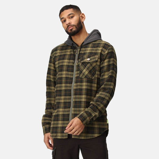 Regatta TRS205 Hooded Shirt Jacket Dark Khaki Check / Small