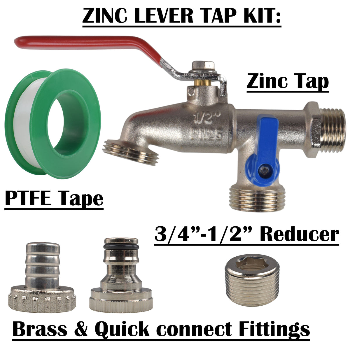 Double Lever Tap Kit with Barb/Quick Connect Outlet, ½” and ¾” BSP Thread Inlet