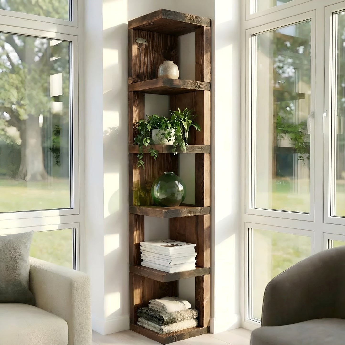 Valora Solid Wood Corner Bookshelf In Walnut Colour – Natural Finish Open Bookcase, Rustic Scandinavian Design